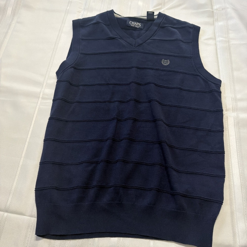 Chaps Mens Navy Blue Textured Stripe V-Neck Cotton Sweater Vest Small Logo